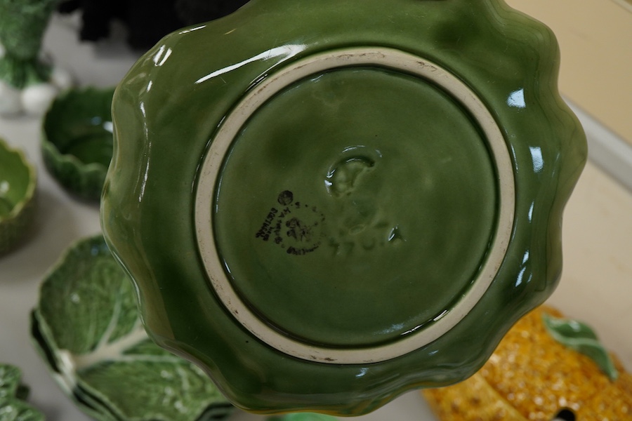 A collection of Portuguese majolica table wares and a dish etc
